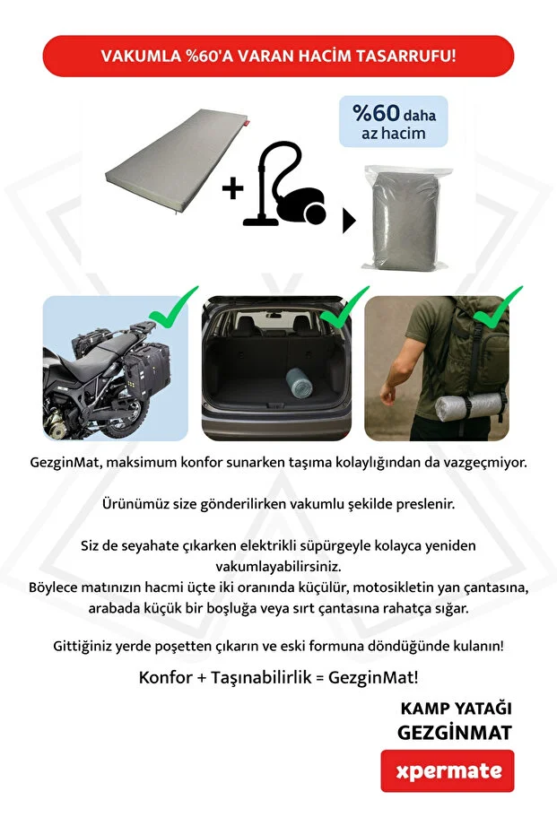 Gezginmat Kamp Yatağı Kamp Matı Fermuarlı Taşıma Çantalı Kamp Minderi Çadır Matı 70x180x6cm